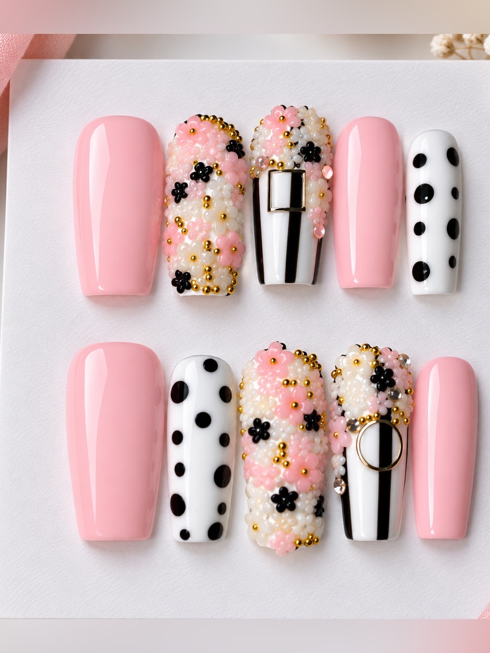 Gorgeous handmade coquette baby pink and black and white floral polka dots